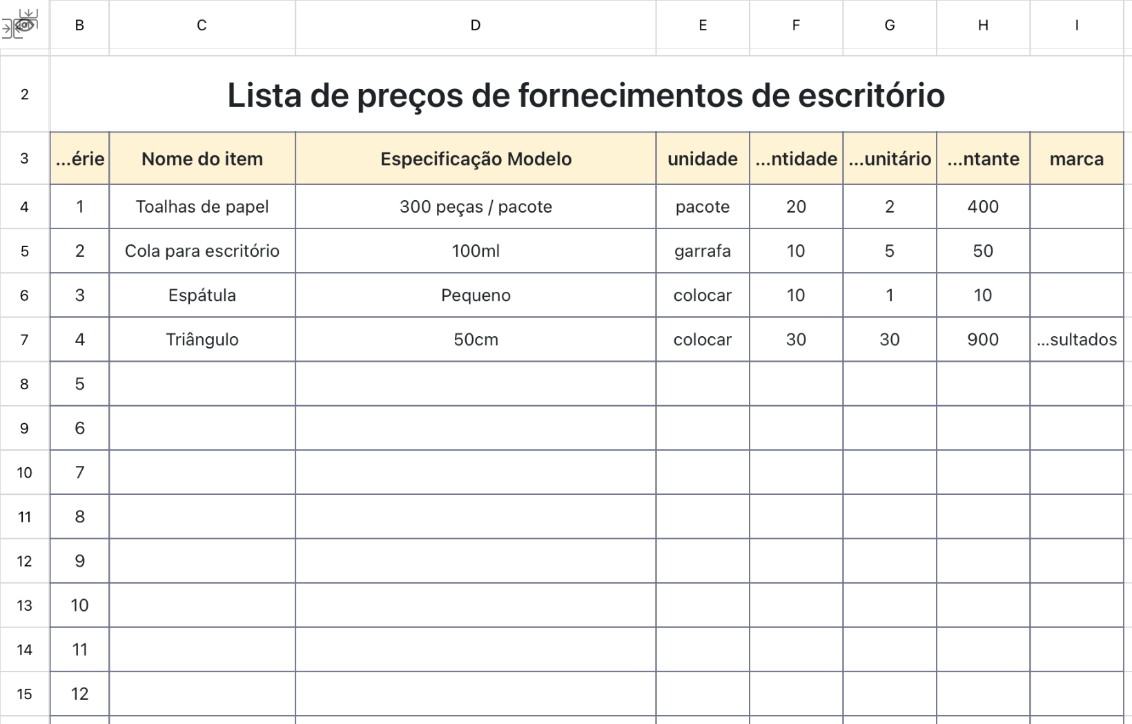 Lista de preços de fornecimentos de escritório